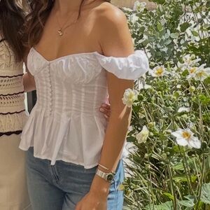 BARDOT XS White Puff Sleeve Button-Front pleated peplum summer top blouse shirt